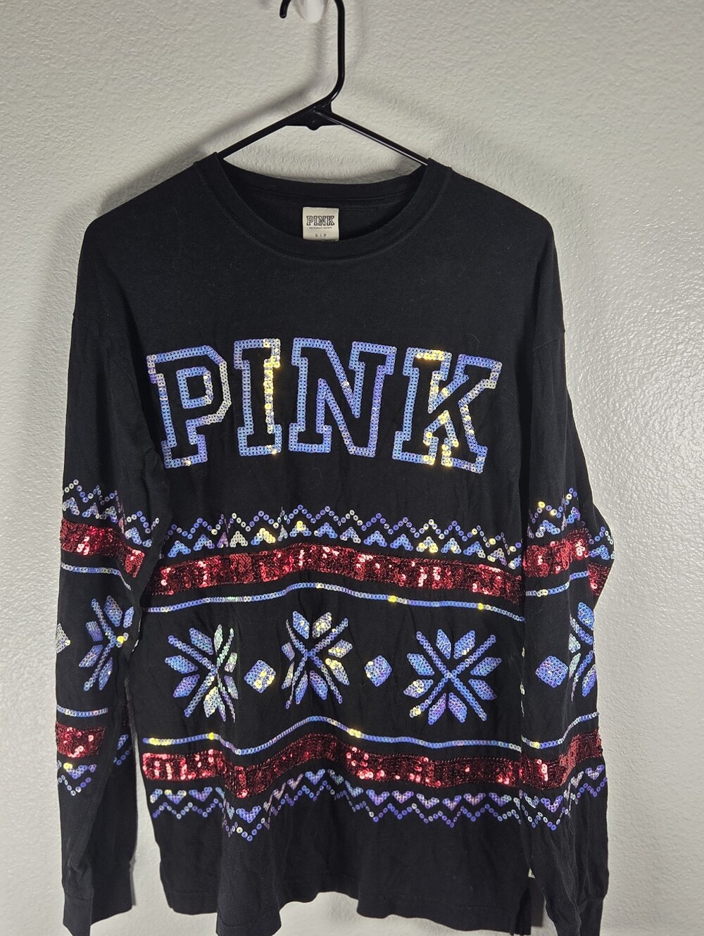 PINK Victoria's Secret Women's Size S Sequened Black Crewneck Long Sleeve Tee